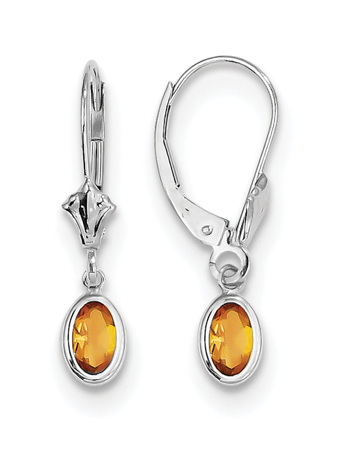 14K White Gold 6X4 Oval Bezel November/Citrine Leverback Earrings