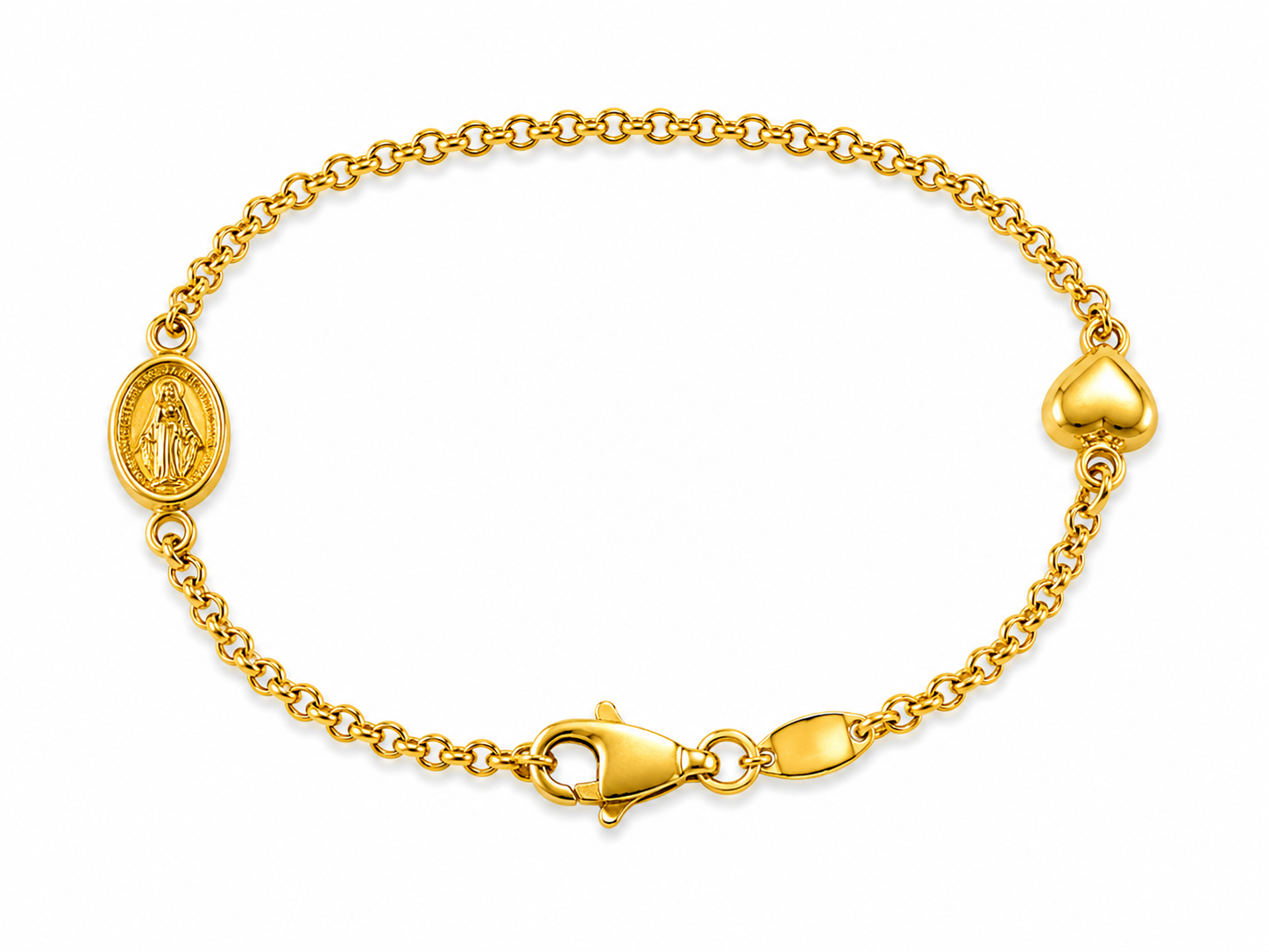 21KT Yellow Gold 1.5 MM Virgin Mary and Heart Kids Charm Bracelet
