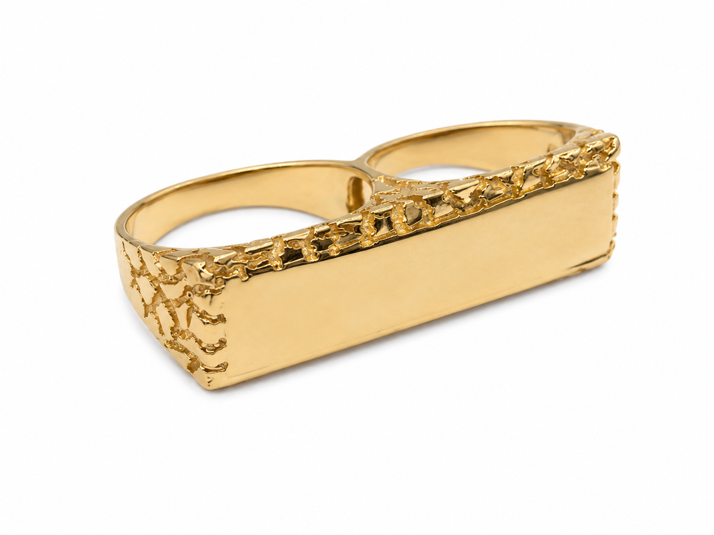 14KT Yellow Gold Nugget Bar Two-Finger Ring [A14B5]