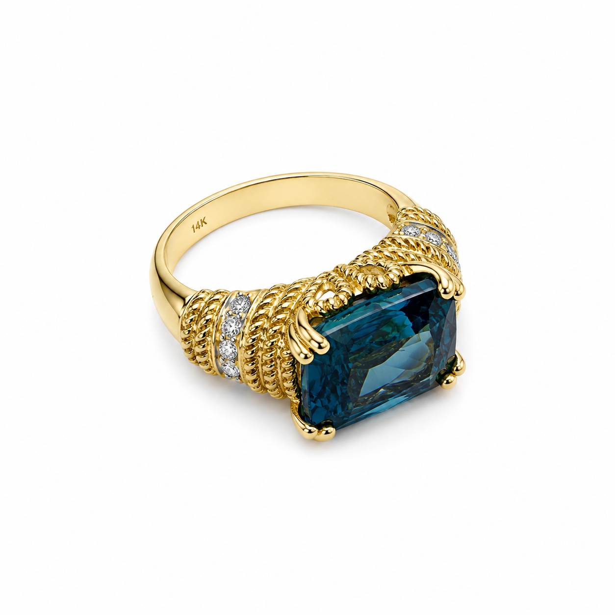 10KT Yellow Gold 0.20 CTW 6.5 STW  Blue Topaz  Diamond Ring [K2T]