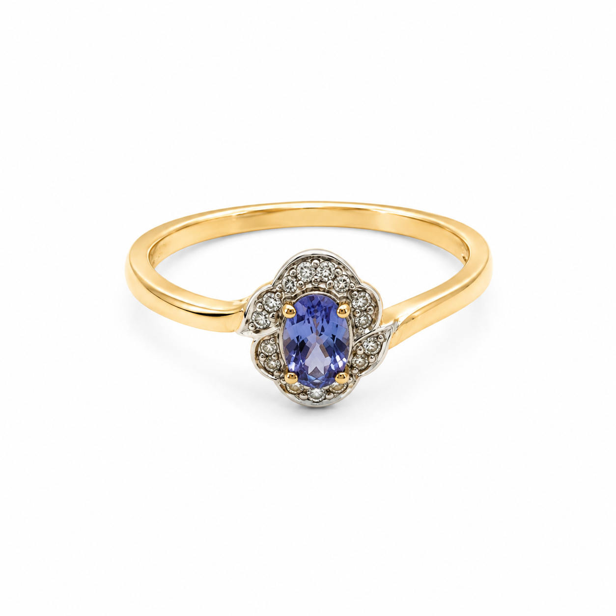 10KT Yellow Gold 0.20 CTW 0.30 STW Tanzanite Diamond Ring [K8H]