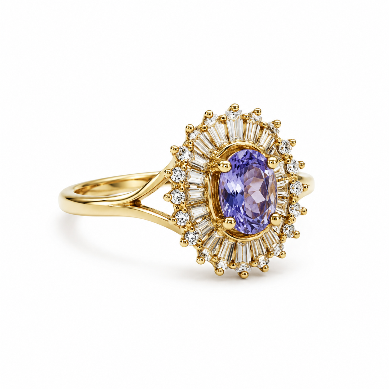 14KT Yellow Gold 0.65 CTW 0.65 STW Tanzanite Diamond Ring [K21H]