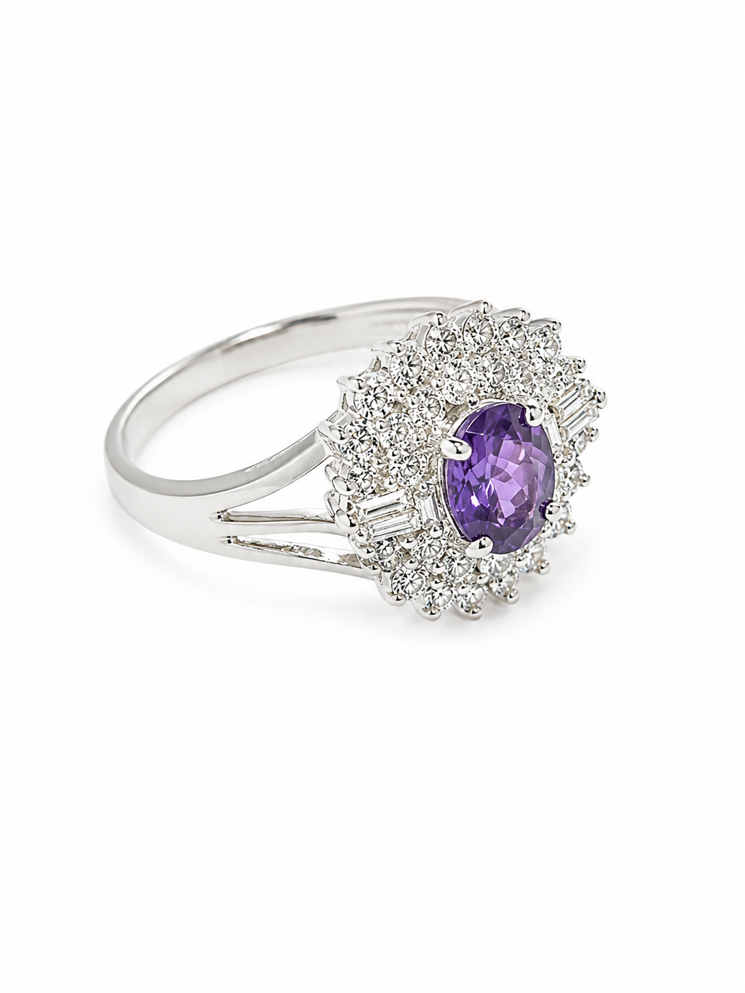 18KT White Gold 0.60 CTW 0.40 STW Amethyst Diamond Ring [K4T]