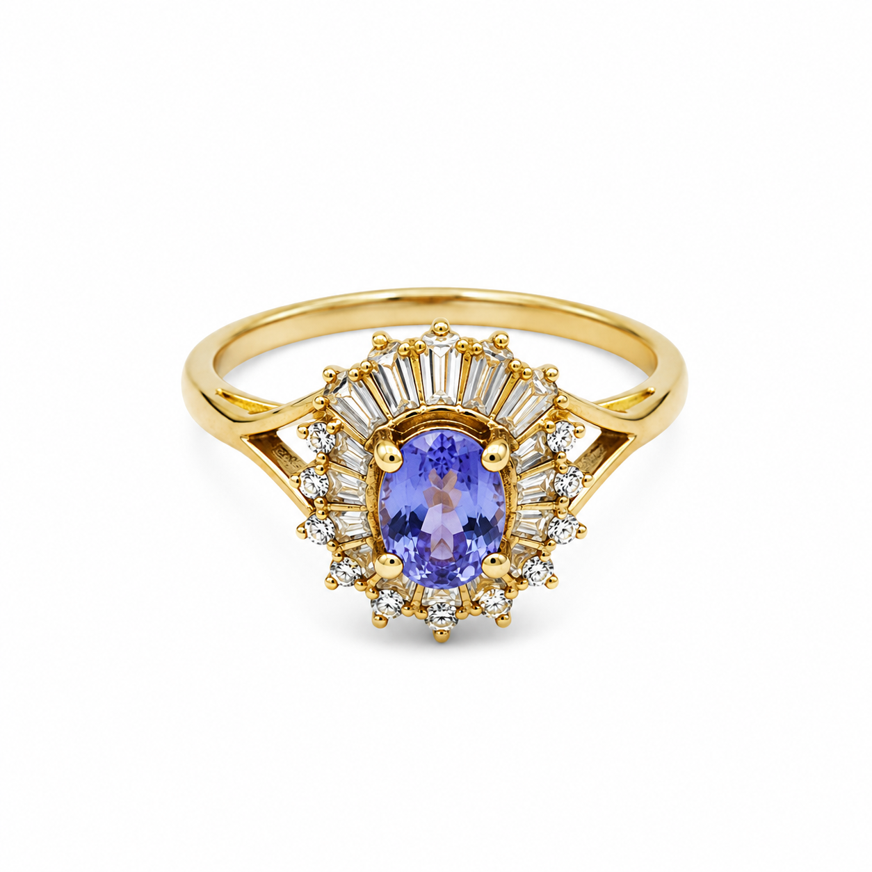 14KT Yellow Gold 0.65 CTW 0.65 STW Tanzanite Diamond Ring [K21H]
