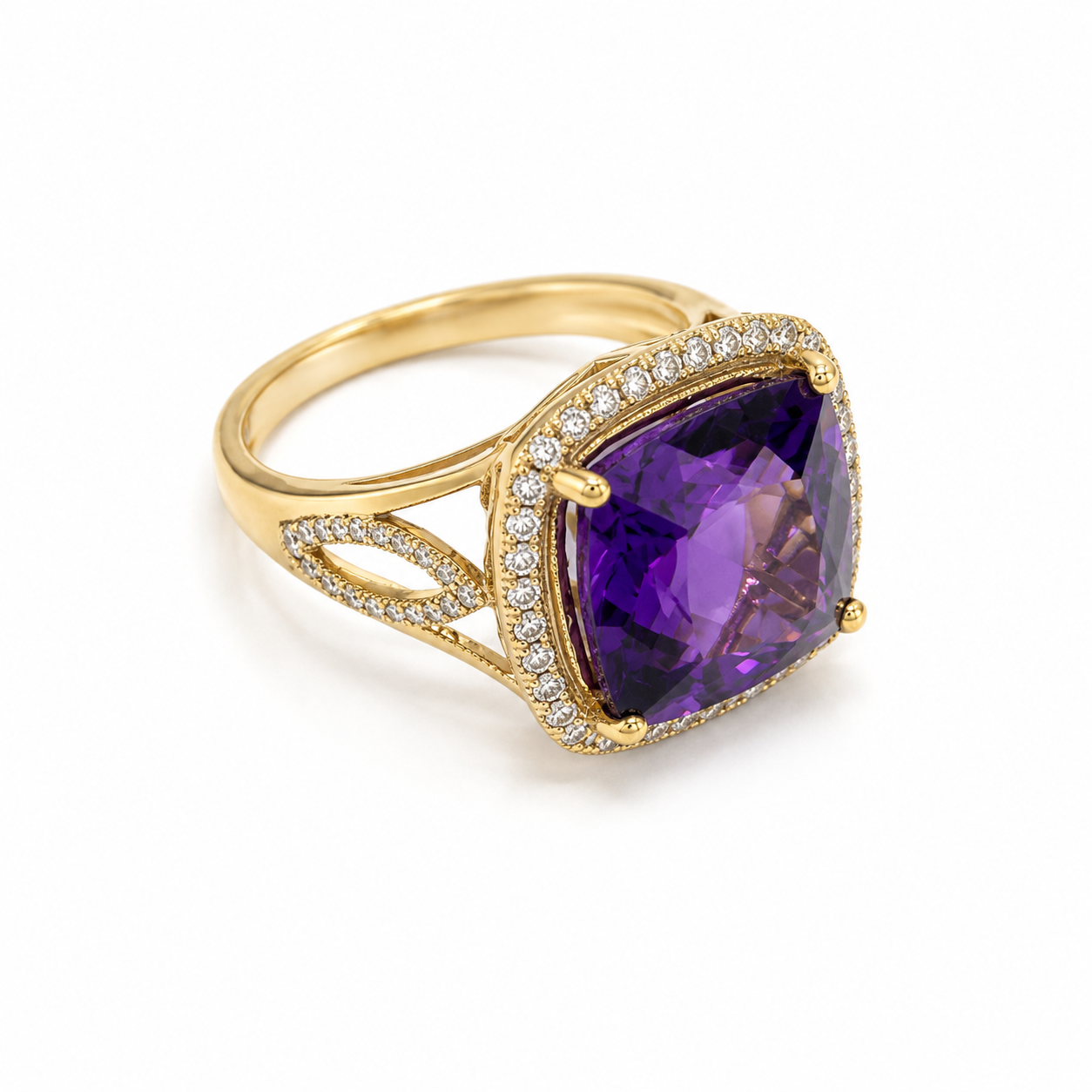 14KT Yellow Gold 0.45 CTW 7.27 STW Amethyst Diamond Ring [K26H]