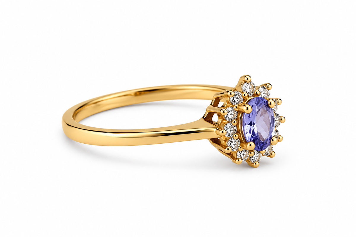 14KT Yellow Gold 0.20 CTW 0.35 STW Tanzanite Diamond Ring [K13H]