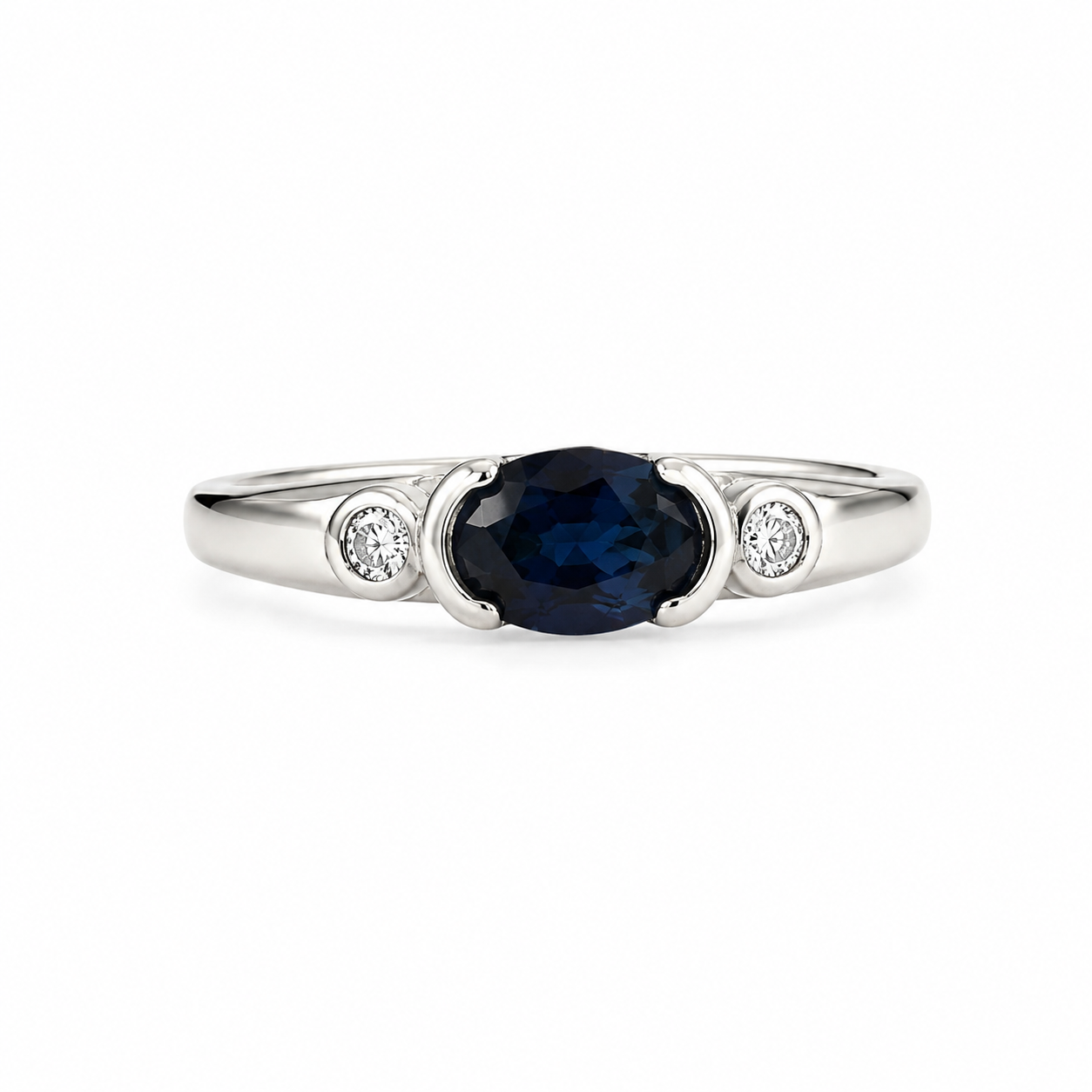 14KT White Gold 0.15 CTW 0.55 STW Blue Sapphire Diamond Ring [K18H]