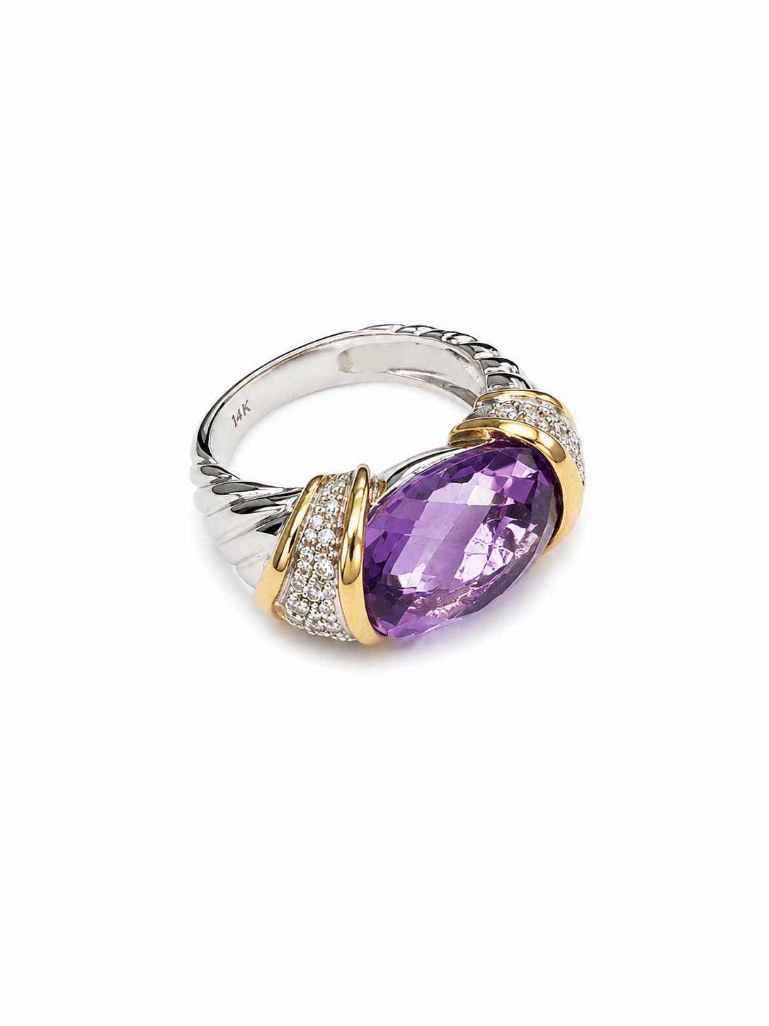 14KT Two Tone 0.10 CTW 4.00 STW Amethyst Diamond ring [K25H]