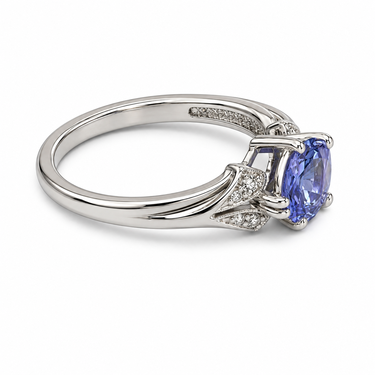 10KT White Gold 0.04 CTW 3.00 STW Tanzanite Diamond Ring [K8H]
