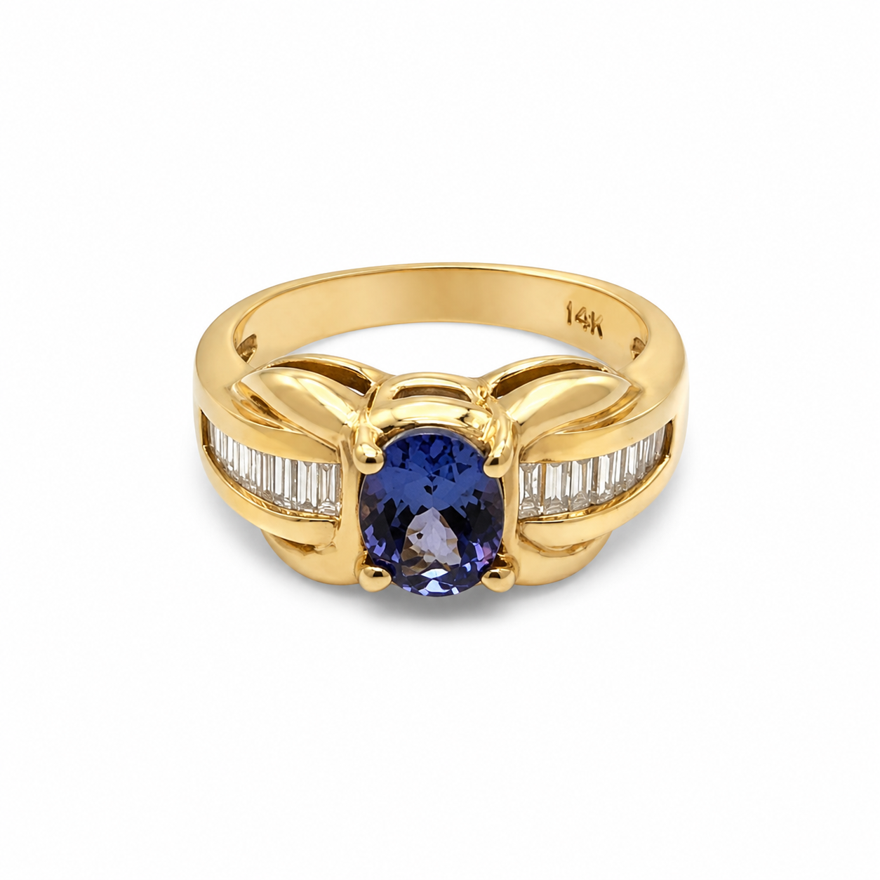 14KT Yellow Gold 0.25 CTW 0.80 STW Tanzanite Diamond Ring [K25H]