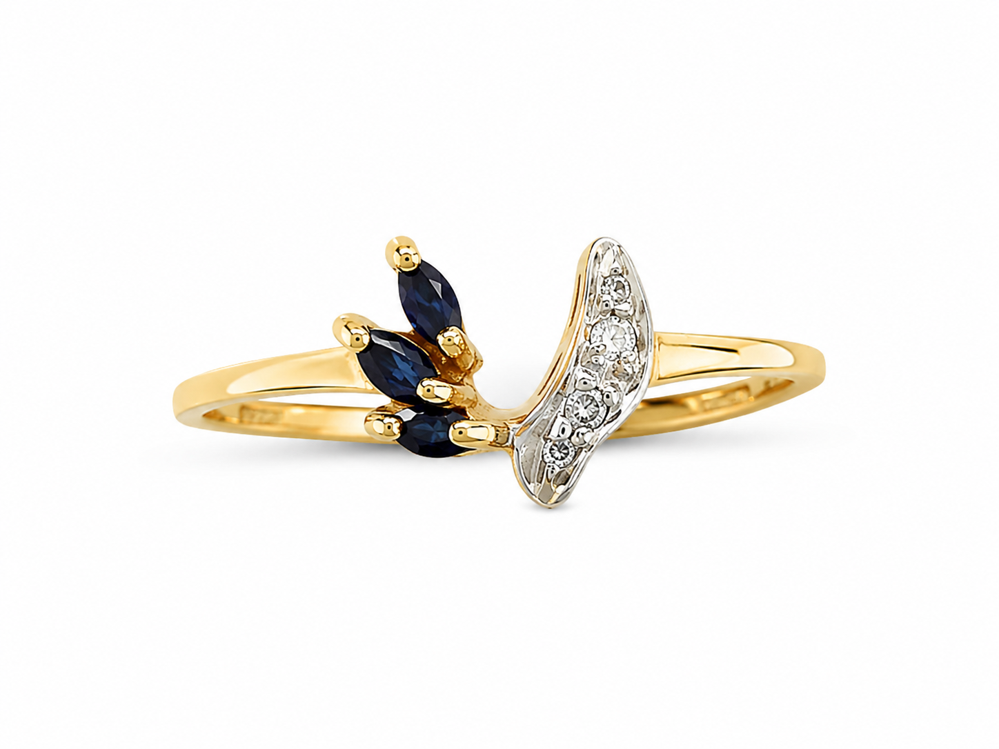 14KT Yellow Gold 0.02 CTW 0.10 STW Blue Sapphire Diamond Ring [K8H]