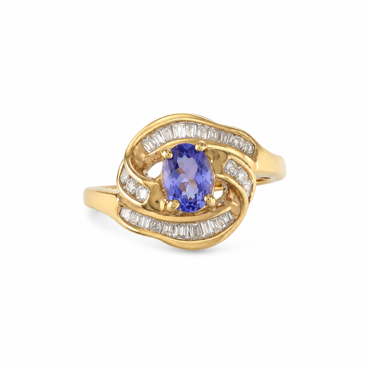 14KT Yellow Gold 0.33 CTW  0.35 STW Tanzanite Diamond Ring [K19H]s