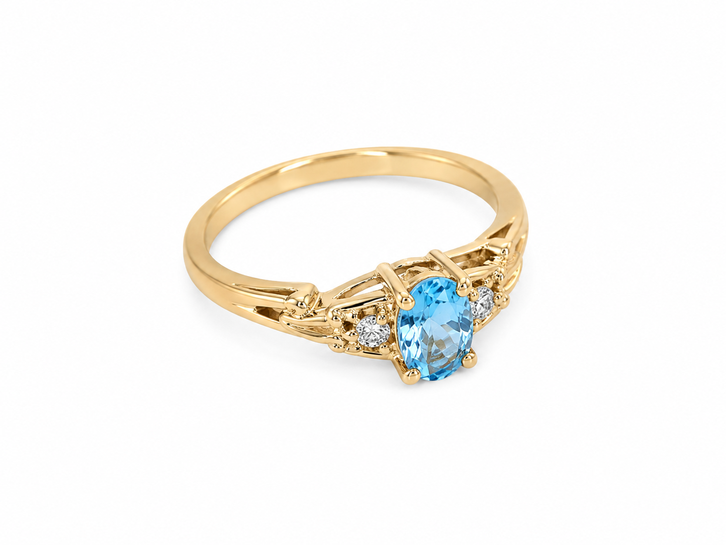 14KT Yellow Gold 0.02 CTW 0.30 STW Blue Topaz Diamond Ring [K8H]
