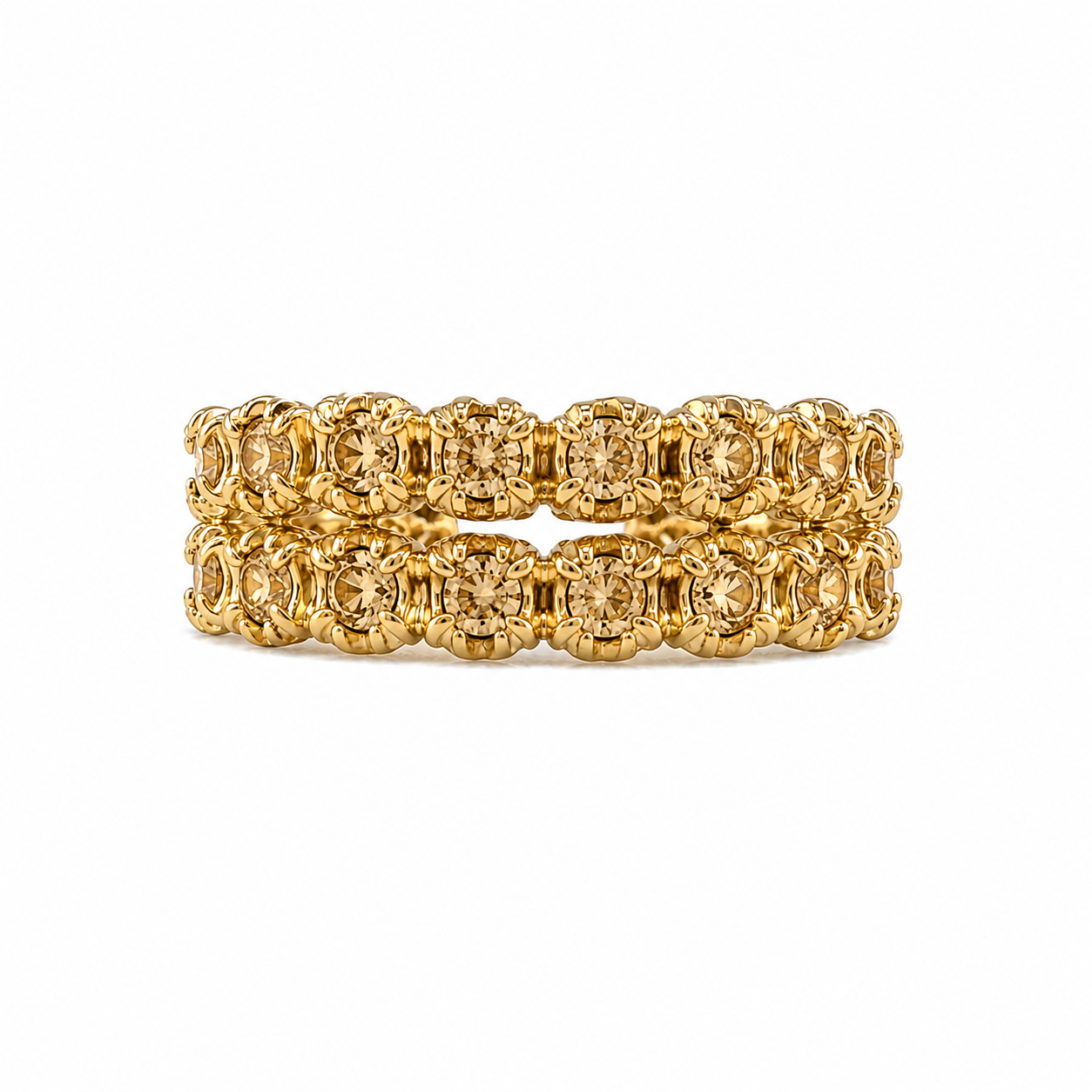 14KT Two Row Cubic Zirconium Open Band Yellow Gold Ring {A2B8]