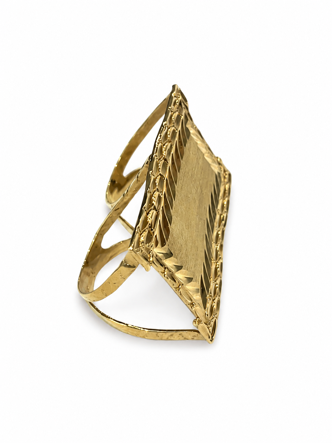 10KT Yellow Gold Nugget Bar Two-Finger Textured Edge Ring [A9P5]