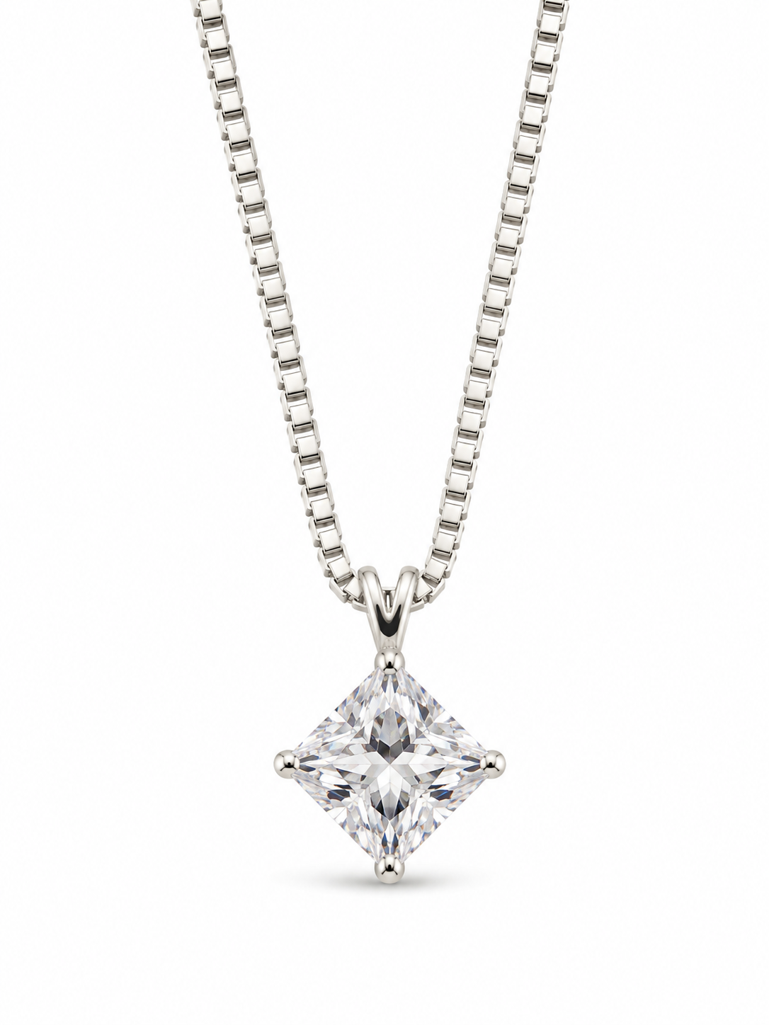 Sterling Silver Square Cubic Zirconium Box Chain Neckace