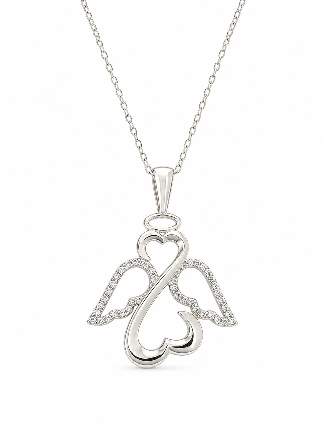 Sterling Silver Angel Wings Open Heart Infinity Cubic Zirconium Necklace