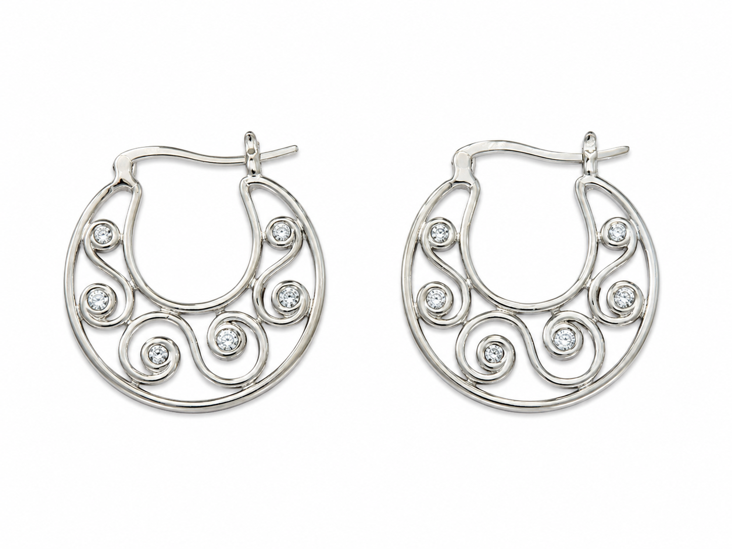 Sterling Silver Hoops Tribal Scroll Design Cubic Zirconium Earrings [A3B4]