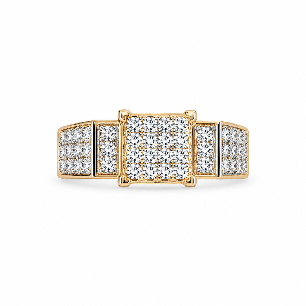 10KT 3 Row Band 4 x 4 Center Cubic Zirconium Yellow Gold Ring [A4B2]