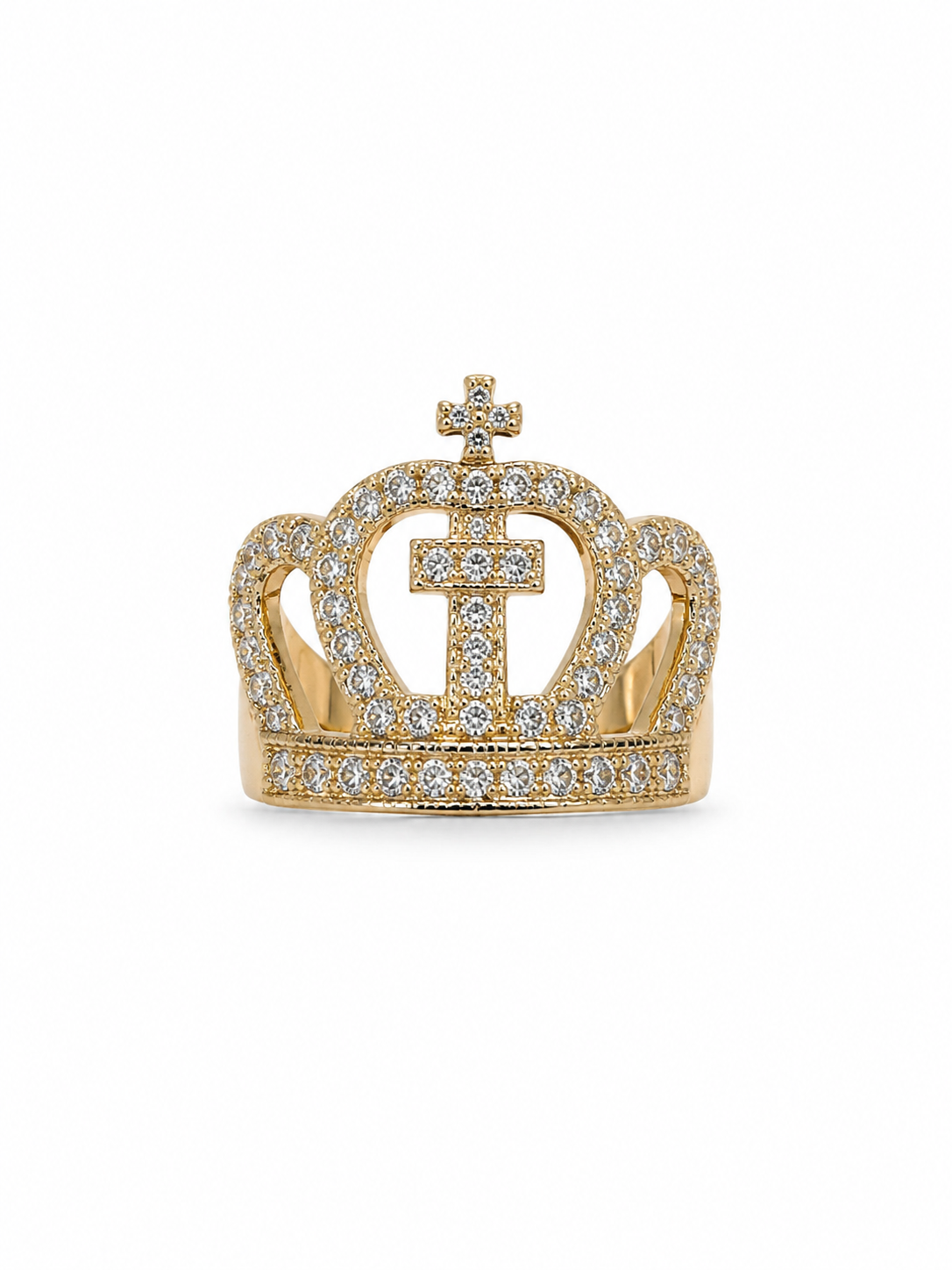 10KT Cross Crown Cubic Zirconium Yellow Gold Ring [A3B0]