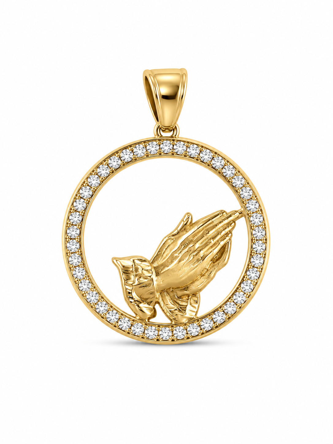 10KT Yellow Gold Round CZ Praying Hand Pendant [A7B0]