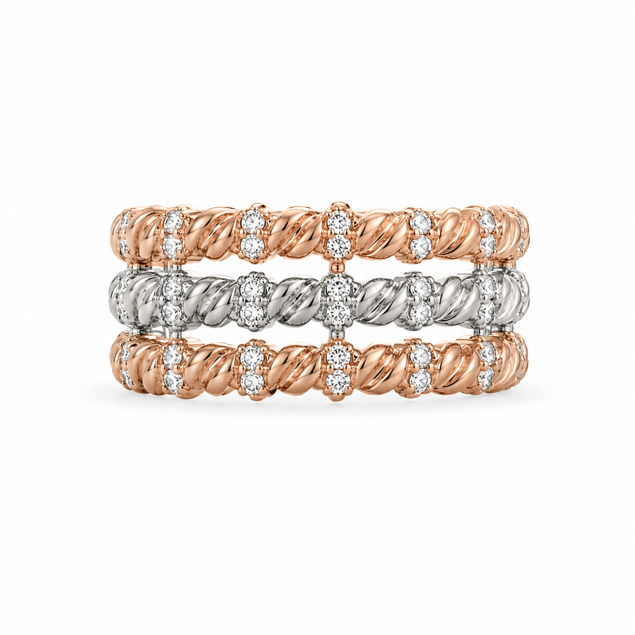 14KT 3 Row Cubic Zirconium Yellow Gold Ring [A4B0]