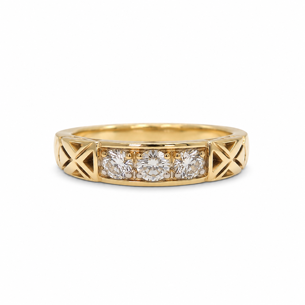 14KT Row of 3 Cubic Zirconium Yellow Gold Ring [A3B6]