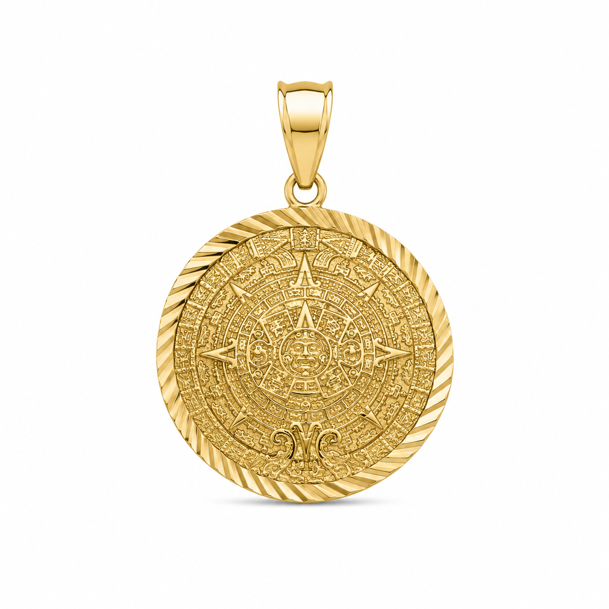 14KT Yellow Gold Diamond Cut Aztec Calendar Pendant [A4B4]