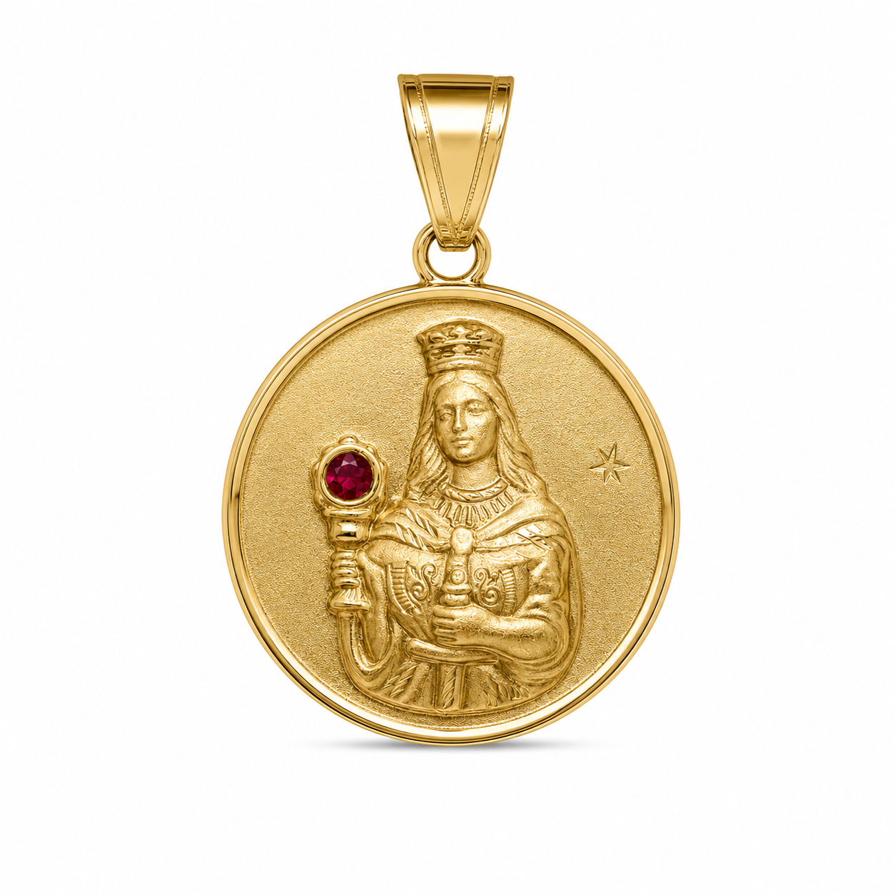 14KT Yellow Gold Hollow Red CZ Saint Barbara Medallion Pendant [A8B6]