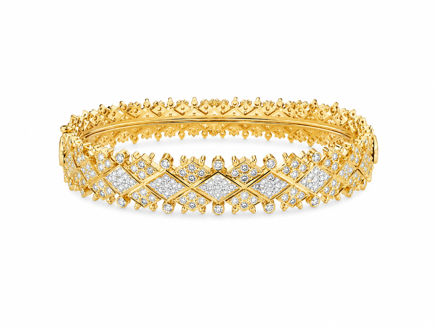 22KT Solid Two-Tone Gold 12 MM Cubic Zirconium Layered Rhombus Hinged Bangle Bracelet