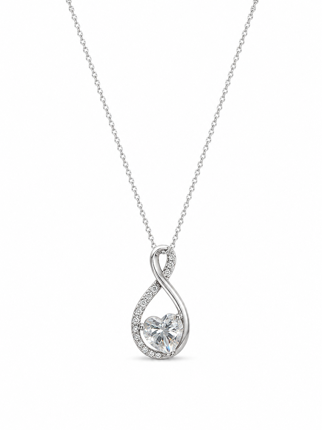 925 Sterling Silver Cubic Zirconium Lobster Lock Infinity with Heart Inside Necklace