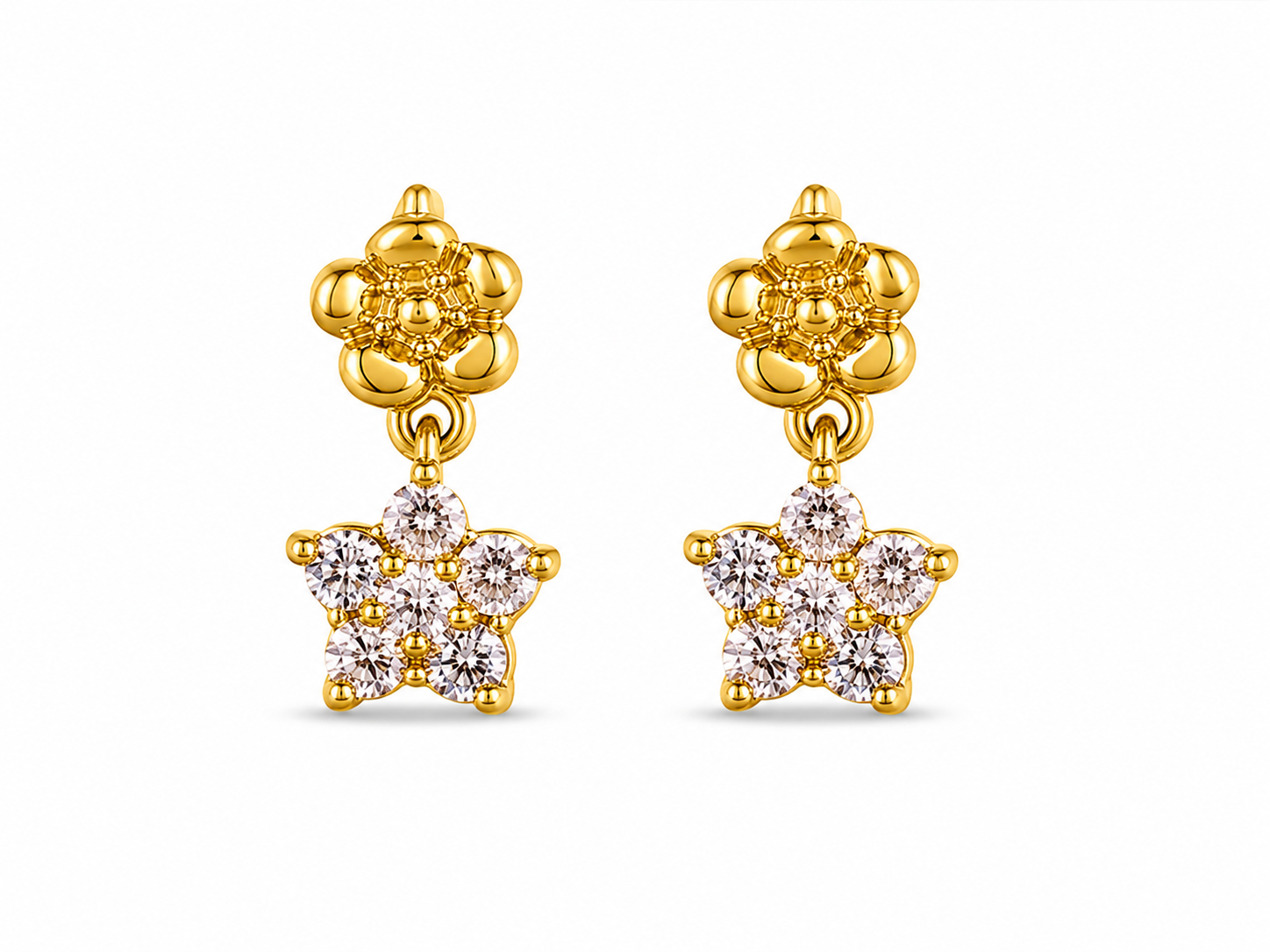 22KT Flower Stud Cubic Zirconium Yellow Gold Earrings [A3B0]