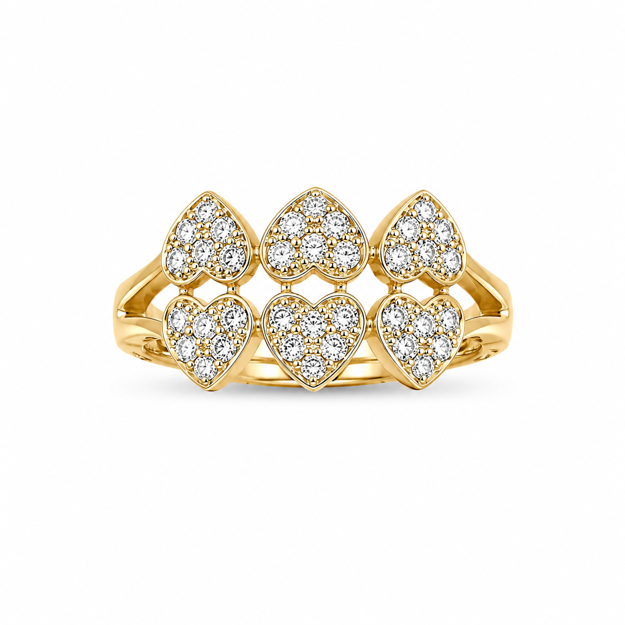 18KT Two Heart Rows Cubic Zirconium Yellow Gold Ring [A3B4]