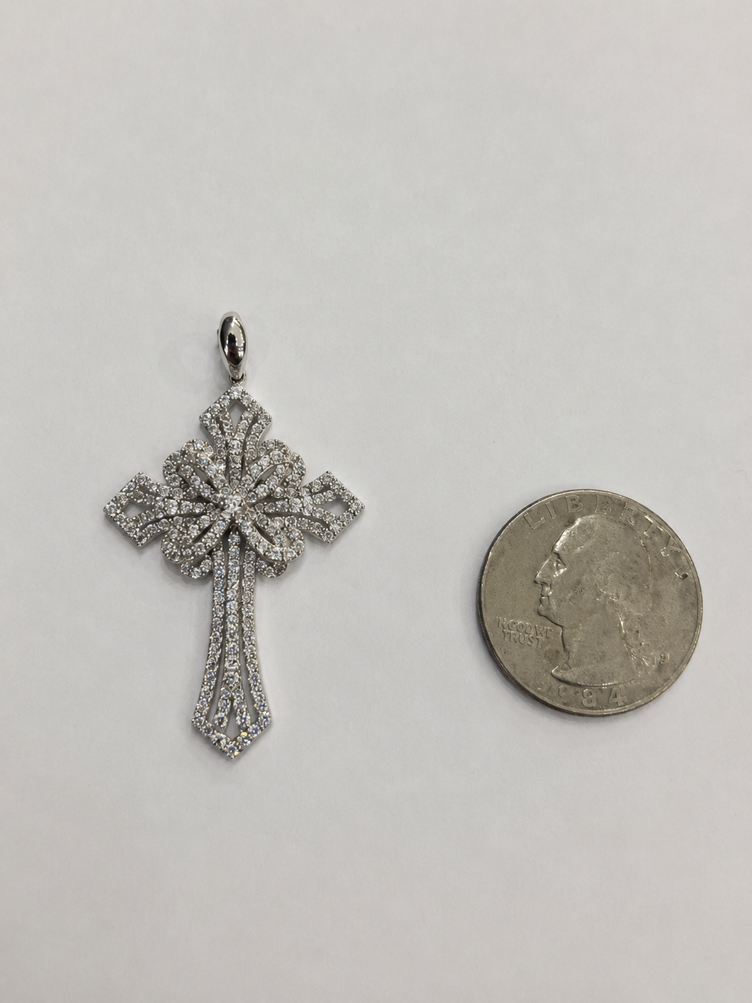 18KT White Gold Victorian Style Cubic Zirconium Cross Pendant [A5B1]
