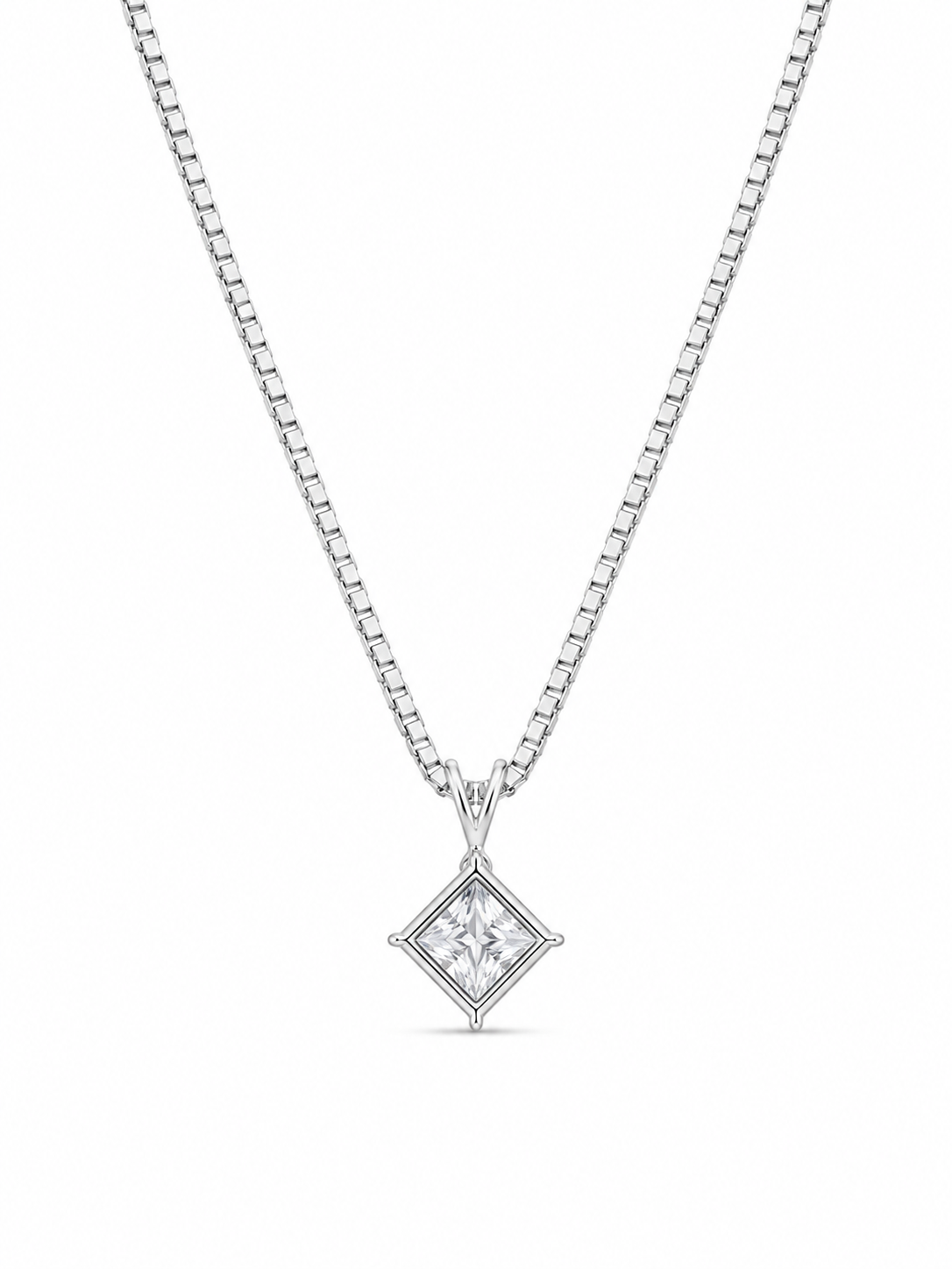 925 Sterling Silver Cubic Zirconium Box Chain Square Necklace