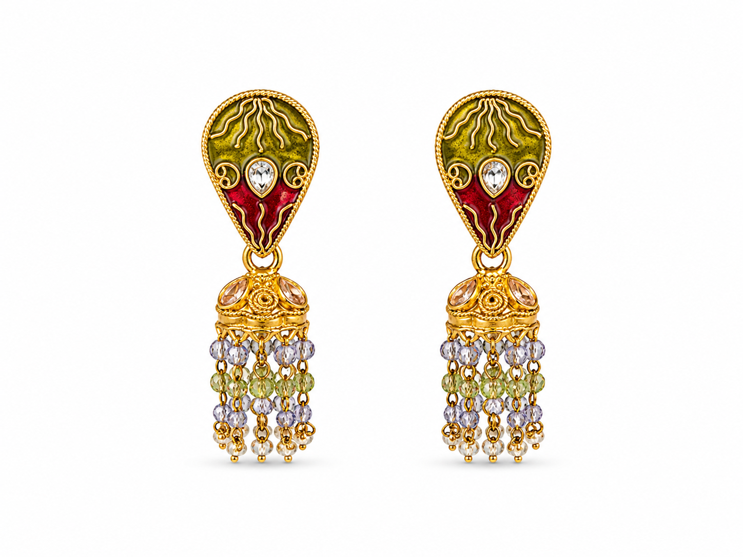22KT Tear Drop with Tassels Stud Cubic Zirconium Yellow Gold Earrings [A14B3]
