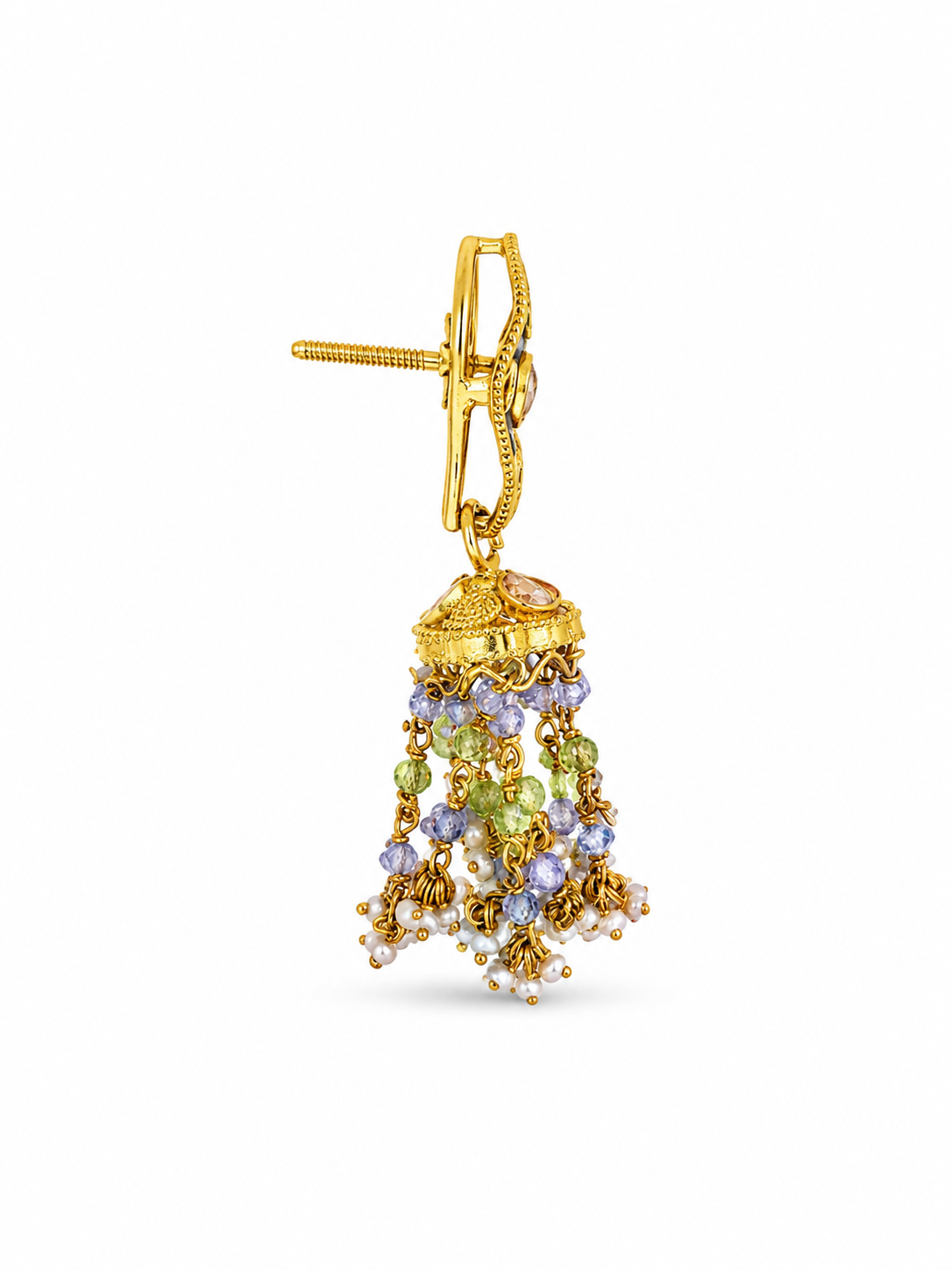 22KT Tear Drop with Tassels Stud Cubic Zirconium Yellow Gold Earrings [A14B3]