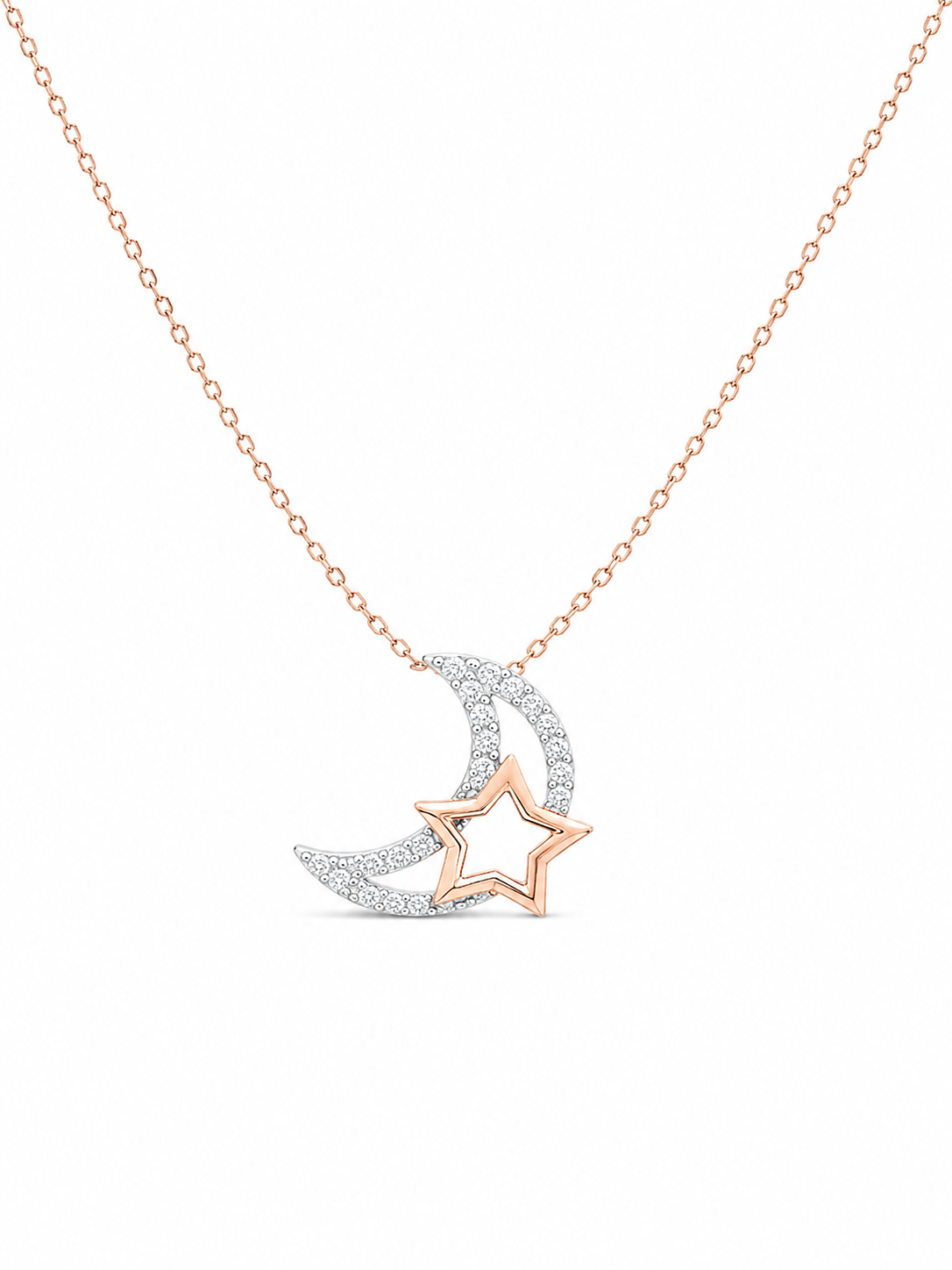 925 Sterling Silver Cubic Zirconium Lobster Lock Rose Star and Moon Necklace