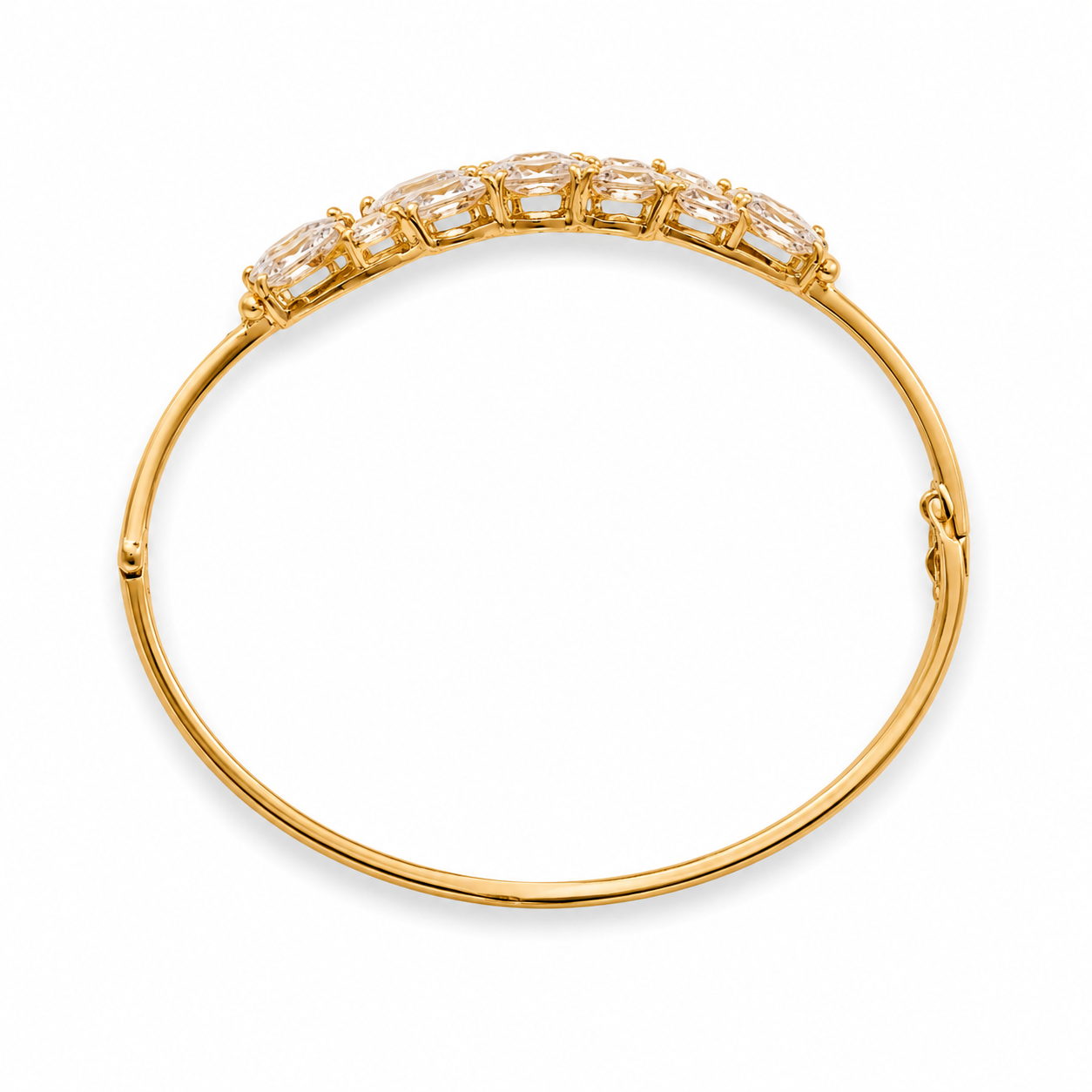 21KT Solid Yellow Gold Cubic Zirconium Six Petal Flower Hinged Bangle Bracelet