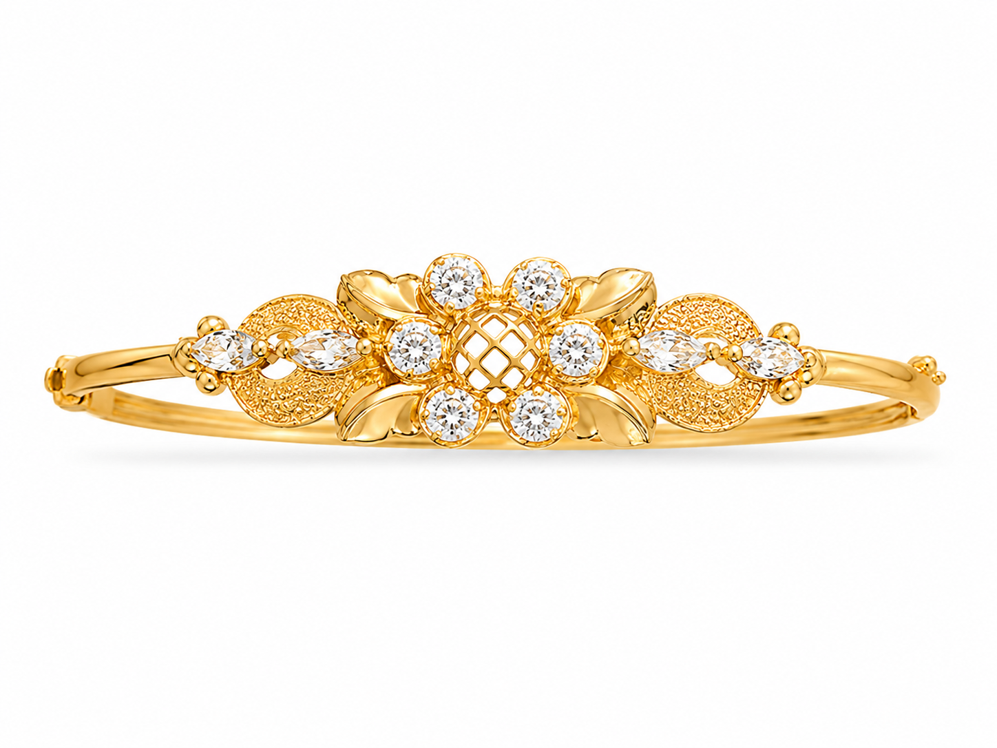 21KT Solid Yellow Gold Cubic Zirconium Six Petal Flower Hinged Bangle Bracelet