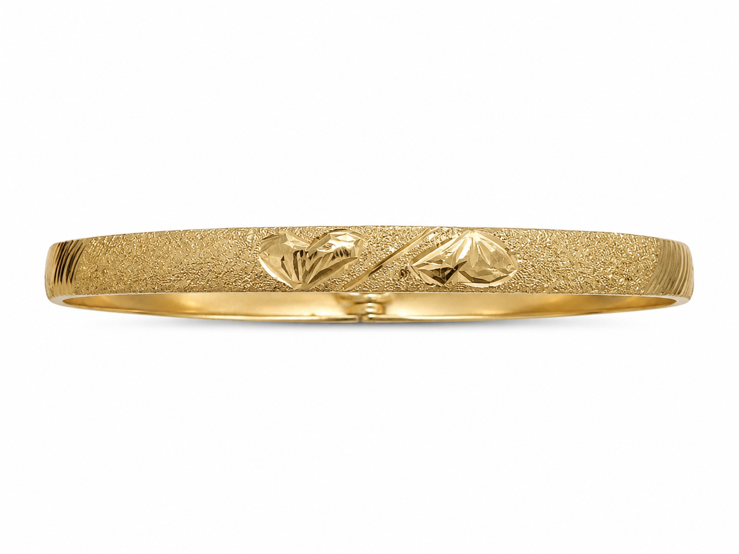 14KT Yellow Gold Designer Diamond Cut Heart Brushed 5 mm Bangle Bracelet