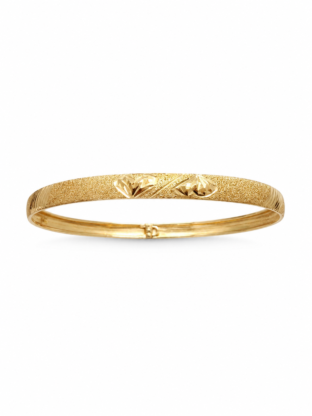 14KT Yellow Gold Designer Diamond Cut Heart Brushed 5 mm Bangle Bracelet