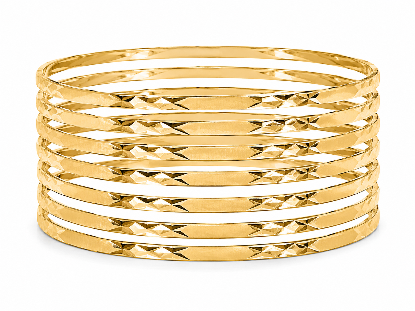 14KT Yellow Gold 7 Piece Pattern Bangle 3.9 MM Bangle Bracelet Set