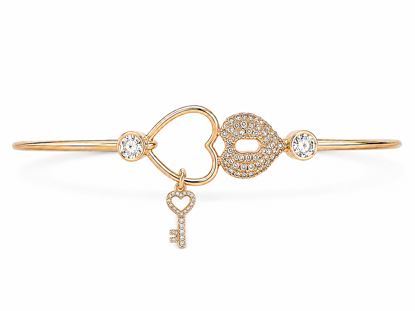 14KT Yellow Gold 1.2 MM Cubic Zirconium Heart With Key Charm Slip On Bangle Bracelet
