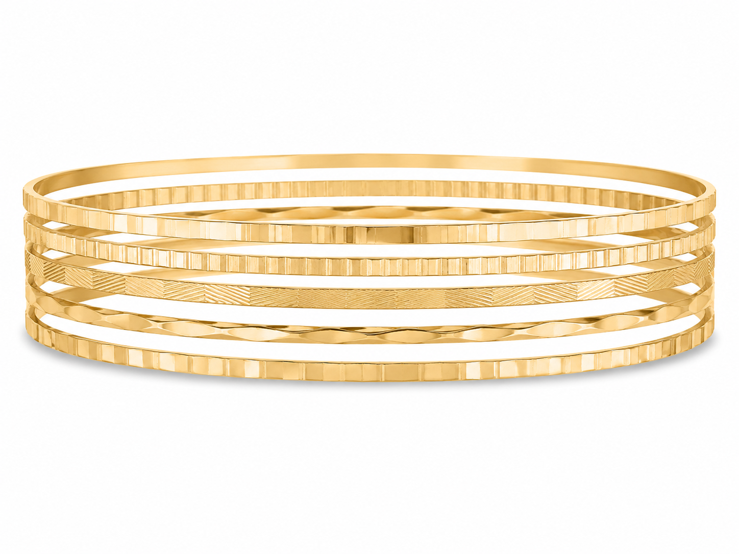 14KT Grooved 7 Piece 1.7 MM Yellow Gold Bangle Bracelet Set