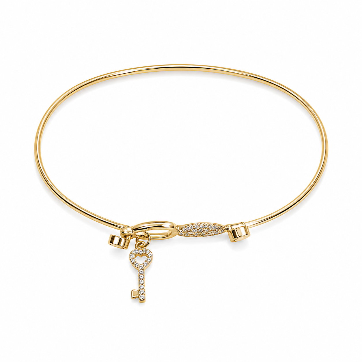 14KT Yellow Gold 1.2 MM Cubic Zirconium Heart With Key Charm Slip On Bangle Bracelet