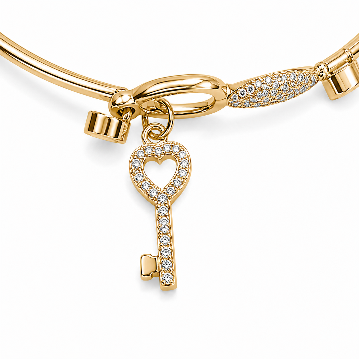 14KT Yellow Gold 1.2 MM Cubic Zirconium Heart With Key Charm Slip On Bangle Bracelet