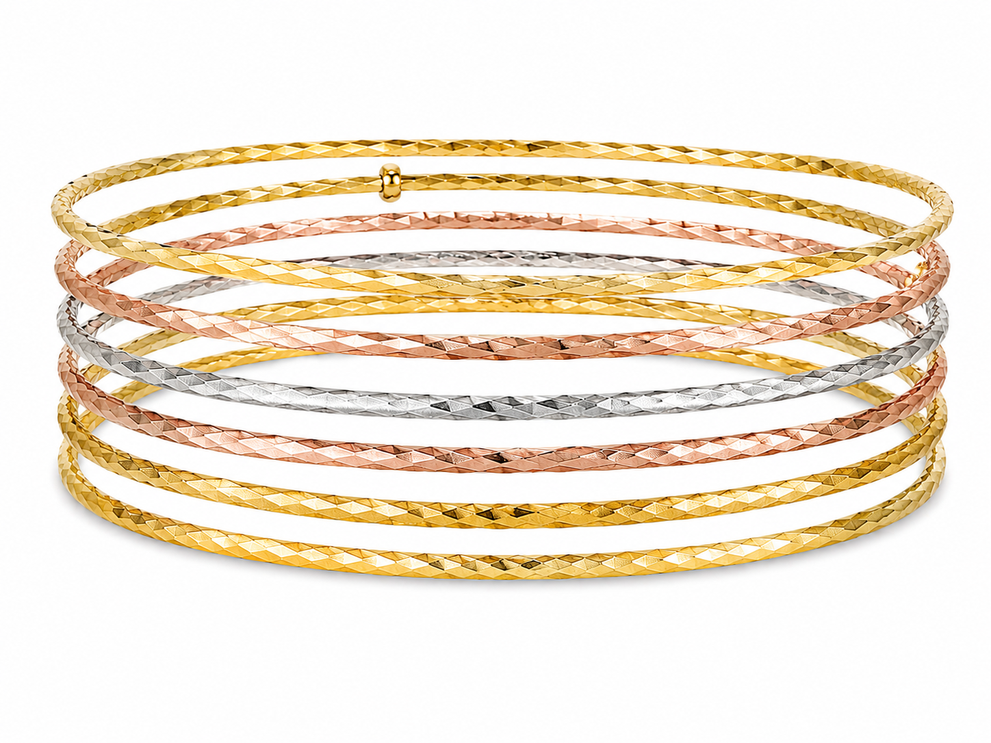 14KT Tri Tone Gold 7 Piece Slip on Bangle Bracelet Set With Heart Charm