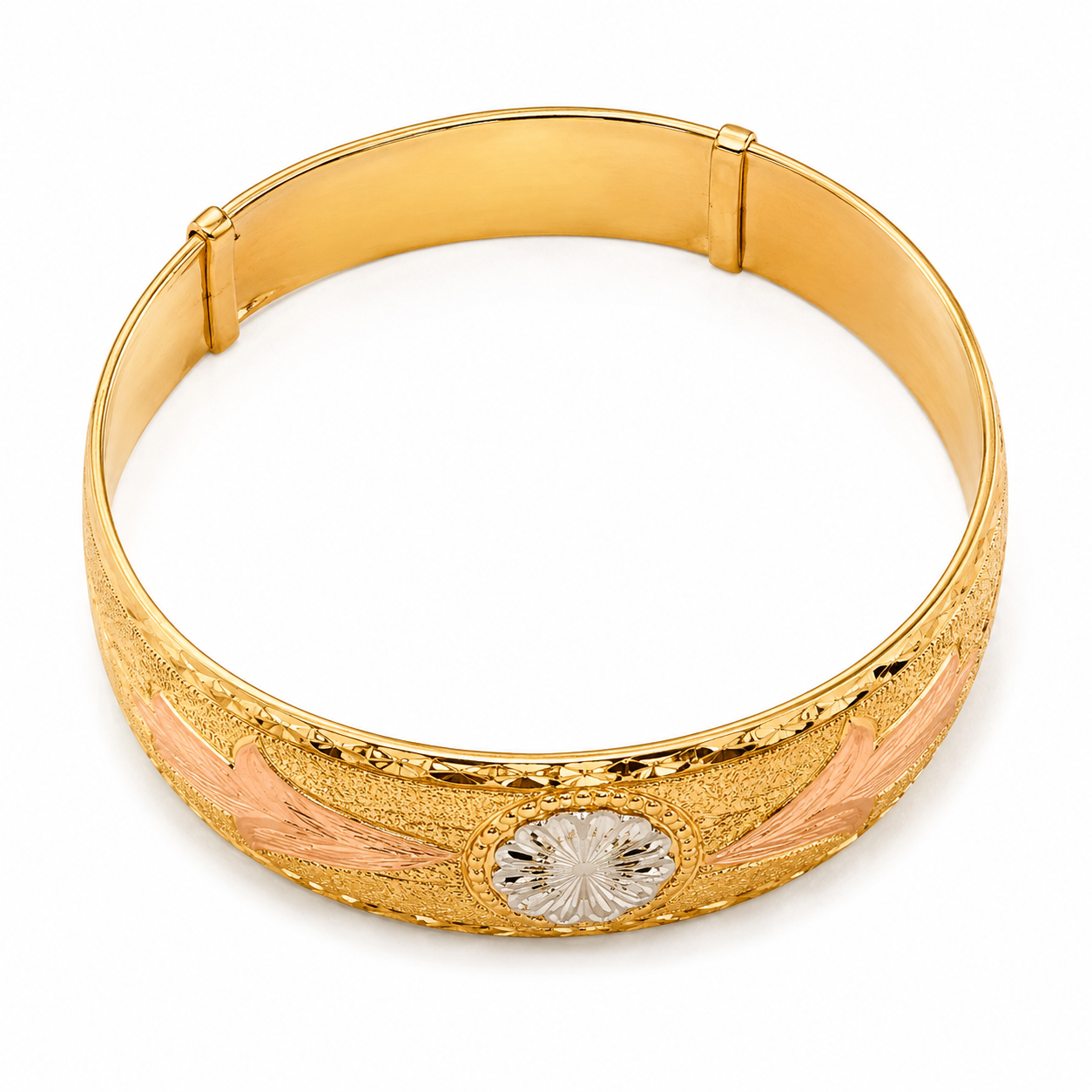 10KT Tri Tone Adjustable Slip On Thick 17.5 MM Bangle Bracelet