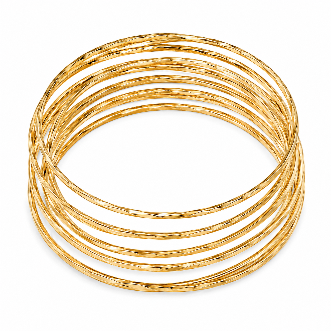 14KT Yellow Gold 7 Piece Pattern Slip On Bangle Bracelet Set